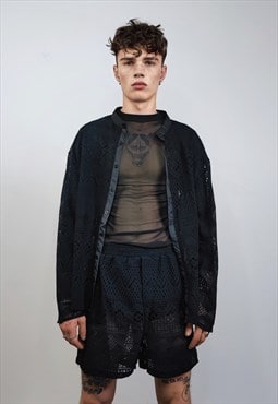 Crochet shirt & shorts set lace top mesh tracksuit in black