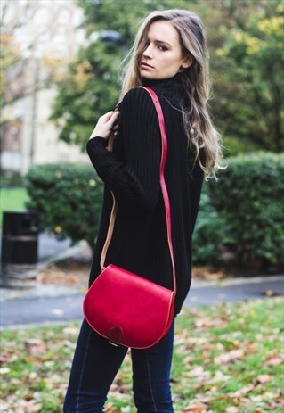 RED LEATHER ROUND SATCHEL SADDLE BAG