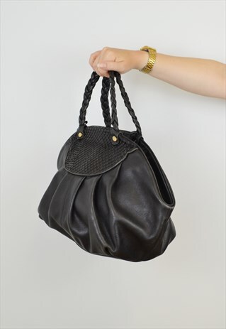 VINTAGE VALENTINO ADELAIDE LEATHER SHOPPER BLACK PLAIT