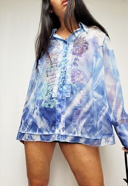 Vintage 90s blue ombre see through oversized shirt blouse