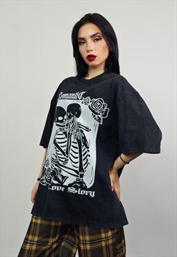 Kissing skeleton t-shirt bones tee skull top in vintage grey