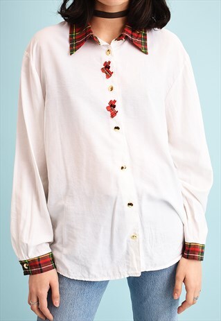 90'S RETRO NEUTRAL TARTAN DETAILED SHIRT TOP