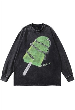 Chain print long t-shirt vintage wash ice cream top punk tee