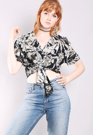 VINTAGE 90S CRAZY PATTERNED TIE UP SHIRT CROP TOP