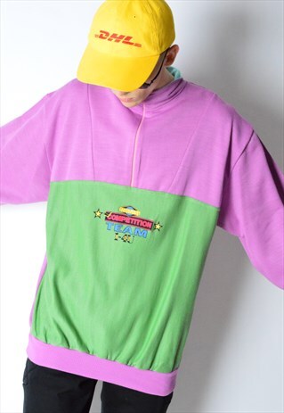 VINTAGE 80S PURPLE LIME GREEN COLOUR BLOCK ZIPPER SWEATSHIRT