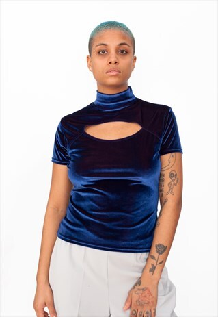 VINTAGE 90S BLUE VELVET TOP ID:A308