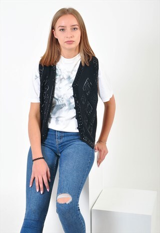 VINTAGE EMBROIDERED KNITWEAR VEST IN BLACK