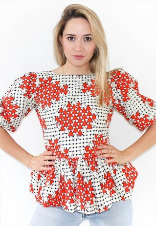 VINTAGE 70'S PEPLUM HEM ORANGE PUFF SLEEVE TOP
