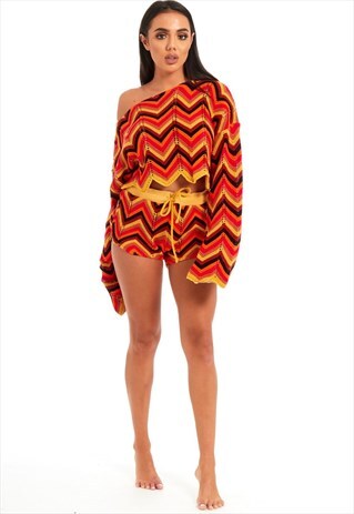 MULTICOLOURED ZIG ZAG PATTERN KNITTED CROP TOP AND SHORT SET