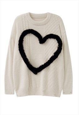 Heart sweater knitted fleece jumper distressed top in cream