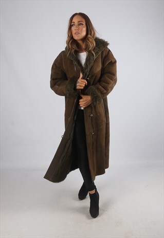 VINTAGE SHEEPSKIN SUEDE SHEARLING COAT LONG HOODED 14 (J9BH)