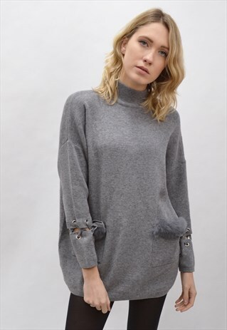 LADY FAUX FUR EMBELLISHED POCKETS LACE UP JUMPER