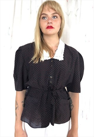 BLACK RED DOTS BLOUSE WITH WHITE COLLAR