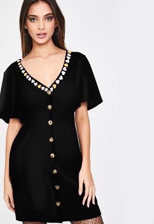 ORBIT HEART EMBROIDERY BUTTON DOWN BLACK SWING PLAY DRESS