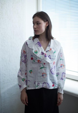 VINTAGE 80'S WHITE FLOWER PATTERNED BLOUSE