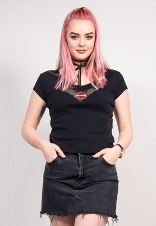 90'S VINTAGE BLACK V-NECK HARLEY DAVIDSON LACE SIDE T-SHIRT