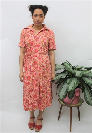 VINTAGE 1970S CORAL FLORAL SHIRT DRESS