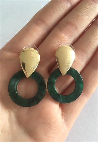 WOMENS GOLD GREEN ACRYLIC EARRINGS STATEMENT DANGLY EARRINGS