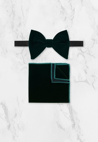 MENS DARK GREEN OVERSIZED VELVET BOW TIE & POCKET SQUARE