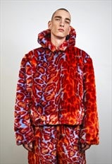 Hooded Leopard faux fur jacket red animal print pullover