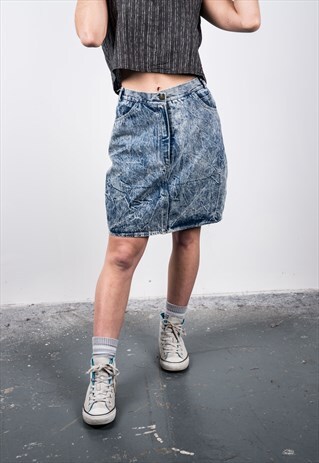 VINTAGE 1990S BLUE ACID WASH DENIM MINI SKIRT
