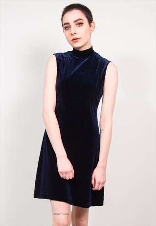 VINTAGE 90'S NAVY BLUE VELVET HIGH NECK SLEEVELESS DRESS