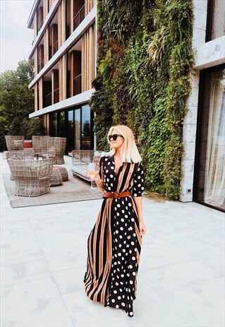 CAPRI BROWN STRIPE POLKA MAXI DRESS