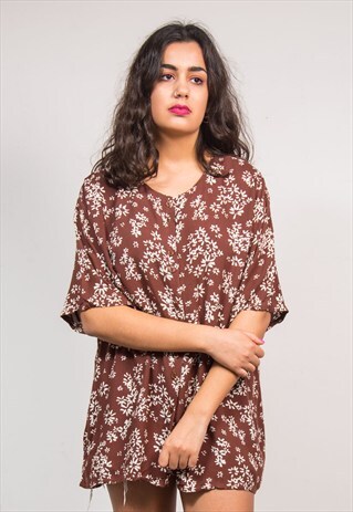 VINTAGE 90'S BROWN FLORAL PATTERN BOHO SHIRT BLOUSE