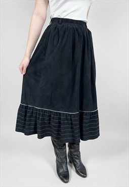 80's Vintage Suede Black Midi Skirt Tiered Silver Medium
