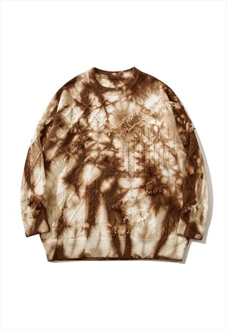 TIE-DYE SWEATER CABLE KNITTED JUMPER GRADIENT PULLOVER BROWN