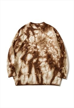 Tie-dye sweater cable knitted jumper gradient pullover brown