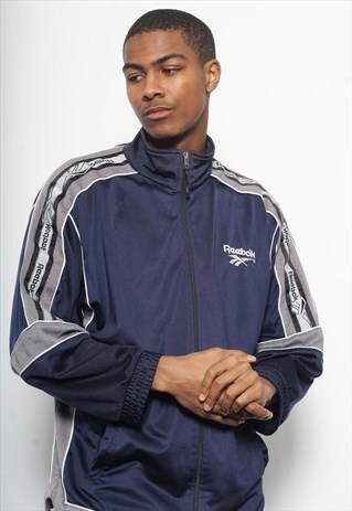 VINTAGE REEBOK TAPE LOGO TRACK JACKET NAVY BLUE