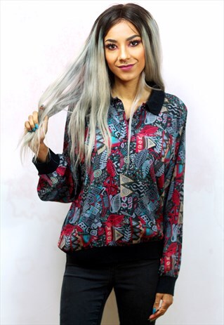 1990S VINTAGE RED SILK PATTERNED LONG SLEEVE TOP