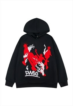 Punk print hoodie mohawk pullover flame patch jumper black