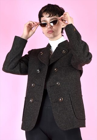VINTAGE 90S BLAZER DOUBLE BREASTED DARK GREY BROWN