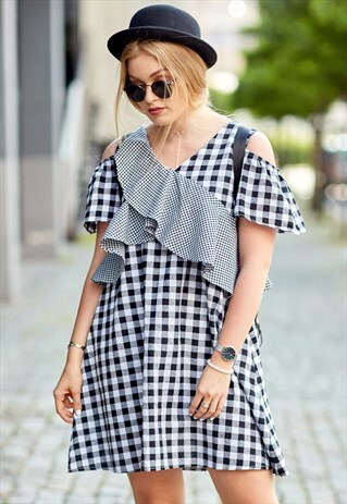 COLD SHOULDER GINGHAM DRESS WITH FRILL