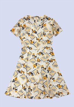 Vintage Cream Pattern Floral Fit Flare Summer Dress