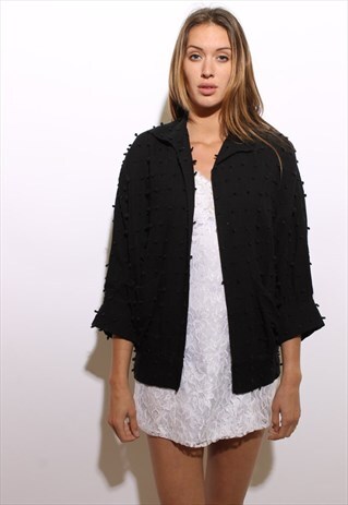 VINTAGE 1980'S 80'S BLACK POM POM COTTON OVERSIZED JACKET OS