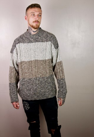 VINTAGE BLOCK COLOUR CABLE KNITTED WOOLY JUMPER PULLOVER