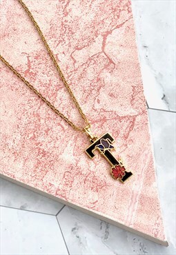 80s 'T' Initial Pendant Floral Necklace Vintage Jewellery