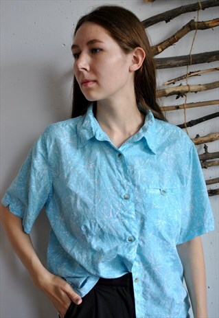 VINTAGE BLUE HOLIDAYS SHIRT, 80S SHORT SLEEVE WOMEN BLOUSE
