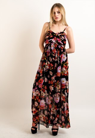BIG FLORAL PRINT CHIFFON PLEATED BUST MAXI DRESS WEDDING