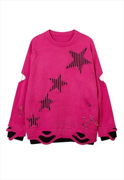 Grunge sweater cutout elbow knitted jumper ripped top pink