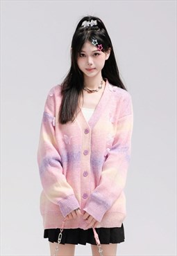 Fluffy rainbow sweater butterfly patch knitted cardigan pink