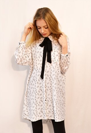 BLACK WHITE LEAVES PRINT SHIRT DRESS WITH SCARF OVERSIZE FIT