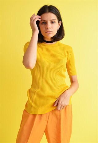 70'S RETRO YELLOW RIBBED KNITTED BLOUSE TOP