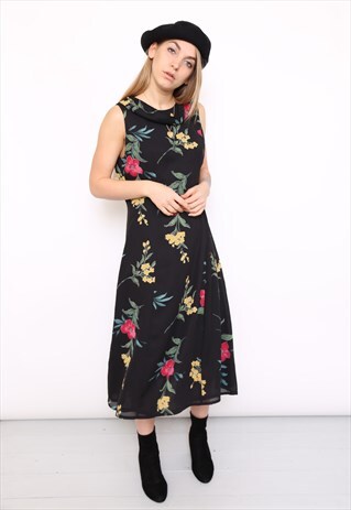 VINTAGE 90S DARK FLORAL PRINT MIDI DRESS