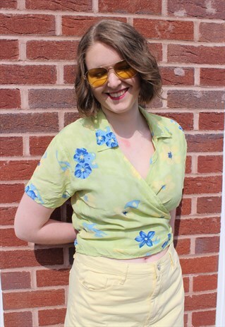 VINTAGE 80'S PASTEL GREEN YELLOW FLORAL WRAP V NECK CROP TOP