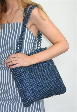 VINTAGE 90S NAVY WOODEN BEADED SHOULDER TOTE BAG