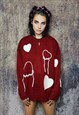 HEART SWEATER KNITTED GRUNGE JUMPER FLEECE PATCH TOP IN RED